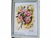 BOUQUET OF ROSES painted author's painting signature frame glass