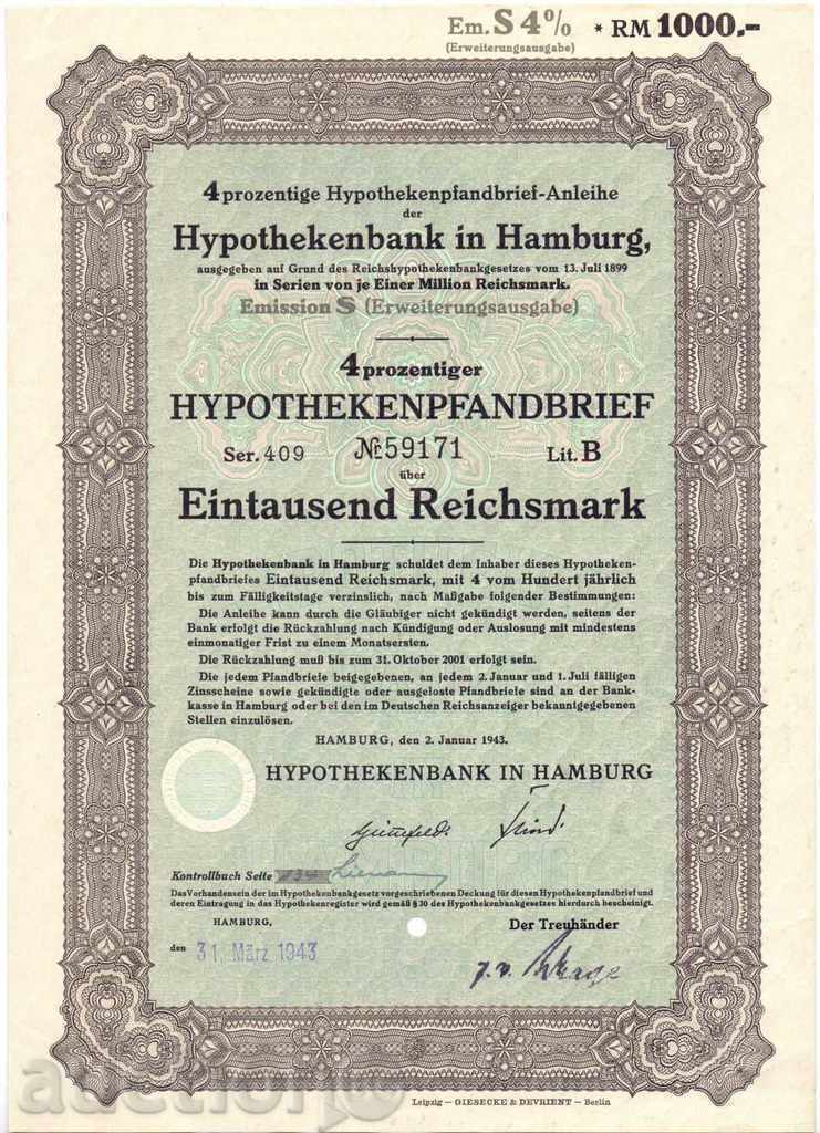 (¯` '• .GERMANY Bank Loan-Mortgage 1000 Marks 1943 UNC.