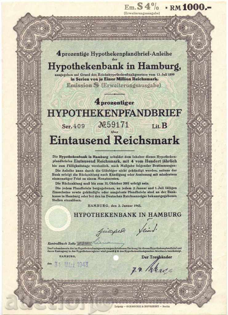 (¯`'•.¸ГЕРМАНИЯ Банков бон-ипотека 1000 марки 1943 UNC.•'´¯)