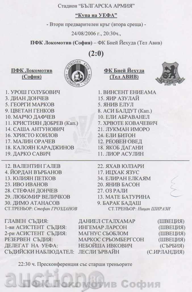 ποδοσφαιρικές ομάδες φύλλων Λοκομοτίβ Σόφιας Μπνέι Γιεχούντα 2006