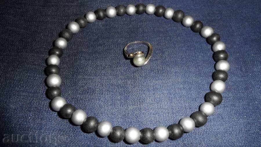 COLIER + RING gri perla DjKv