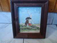 "Windmill" tapestry, old frame and glass, size 165x190