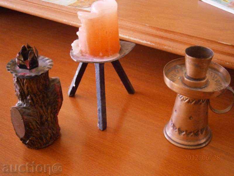 Candleholder - Lot 3 pieces - iron, wood and brass