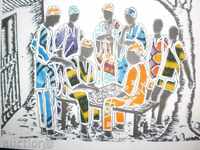 Художествена картичка  върху текстилна основа-Мъже в Африка