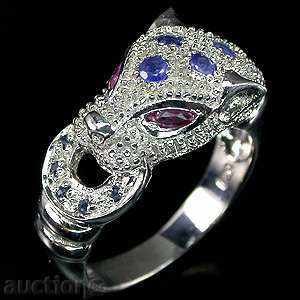 SILVER RING TIGER WITH NATURAL Sapphires and RUBINS
