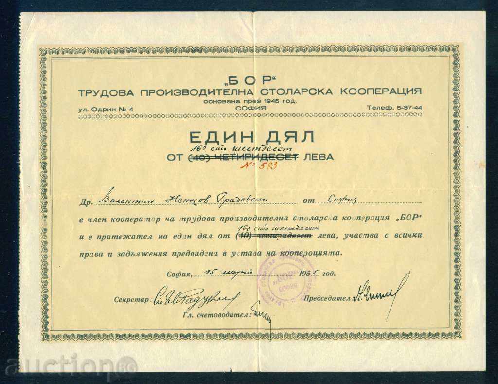 Акция 160 лв СОФИЯ 1955 СТОЛАРСКА КООПЕРАЦИЯ 6К146