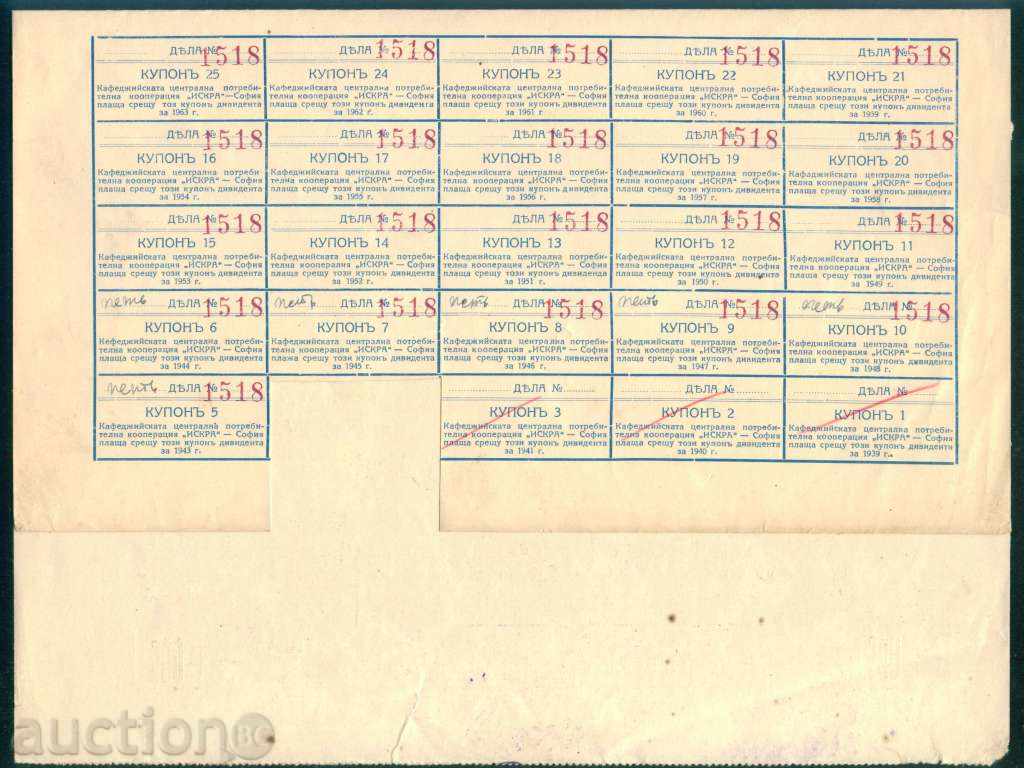 Auction Share 500 BGN SOFIA 1941 KAFEDJIYKA KOOPERATSIKA ISKRA 6K160 Auction Share 500 BGN SOFIA 1941 KAFEDJIYKA KOOPERATSIKA ISKRA 6K160