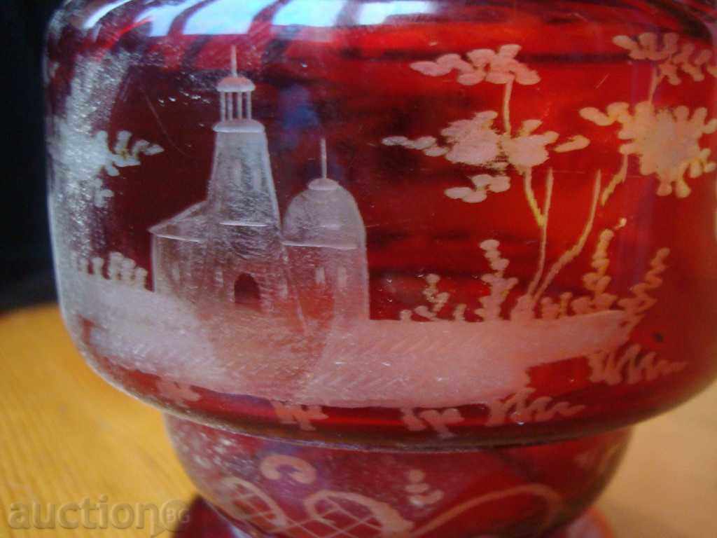 Licitație Vază, sfeșnic, sticlă cristalină colorată "Bohemia" cu gravuri