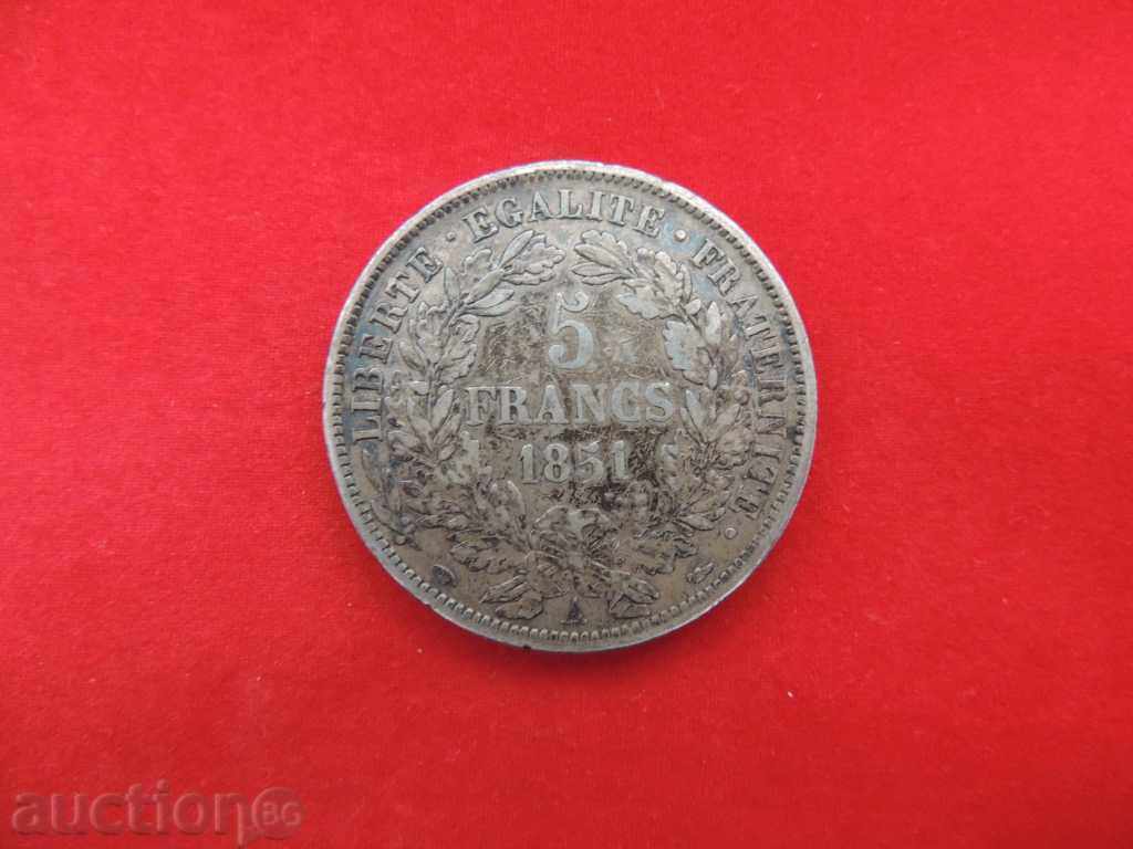 5 Franci 1851A Franța Argint