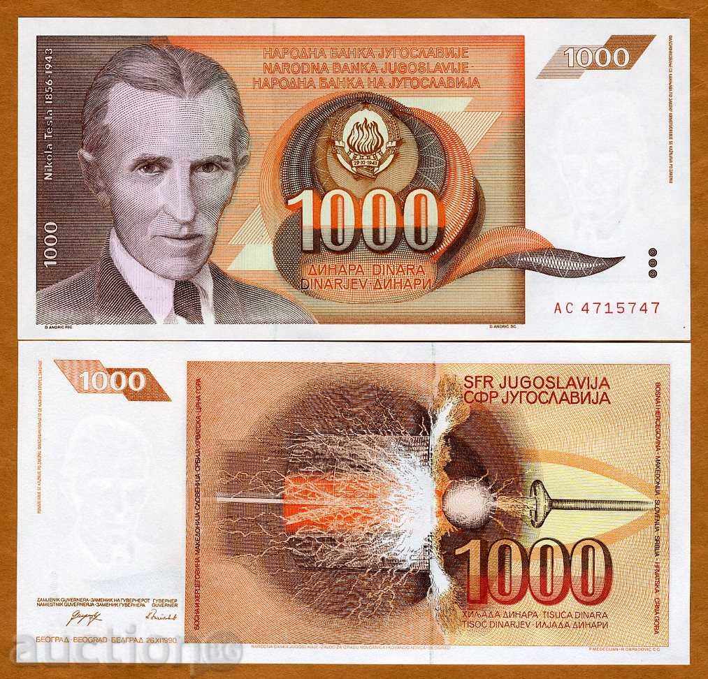 ZORBA AUCTIONS YUGOSLAVIA 1000 DINAR 1990 TESLA UNC
