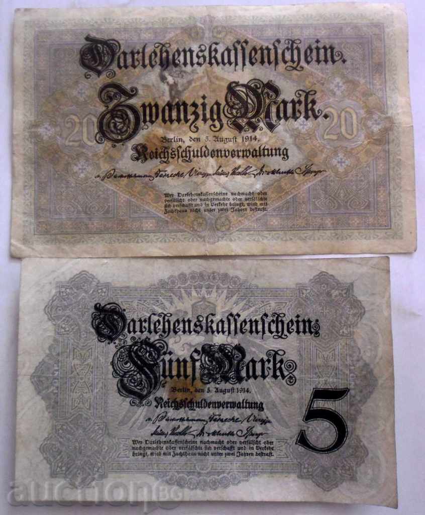 5 and 20 Marks -1914 GERMANY