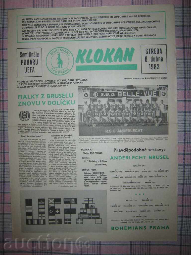 Футболна програма Бохемианс Прага-Андерлехт 1983
