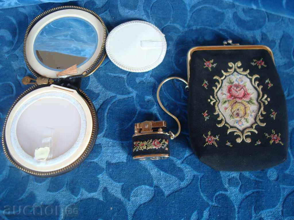 Embroidered tapestry type cigarette case, lighter and powder puff