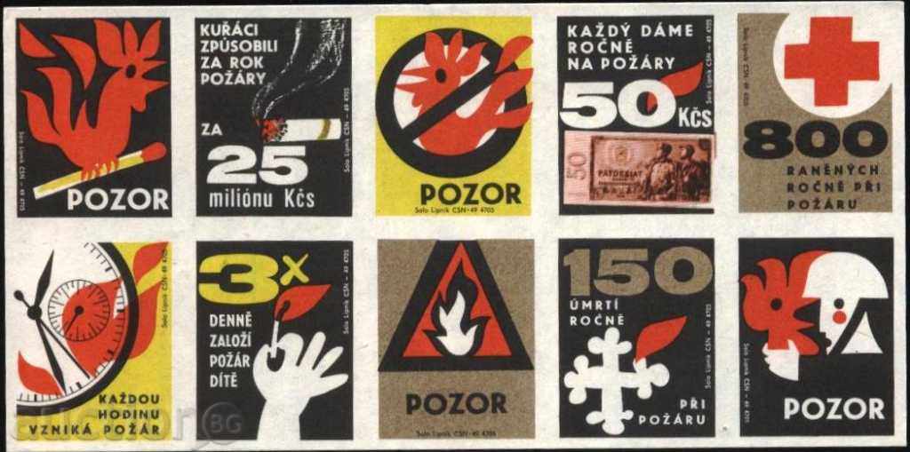 10 Feriți-vă de etichete cutie de chibrituri foc Cehoslovacia Lot 1262