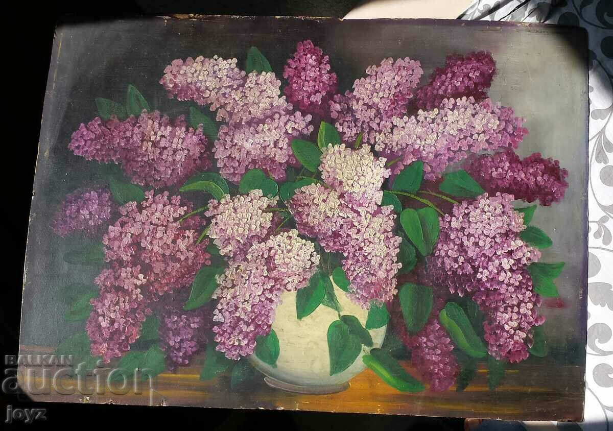 Beautiful old picture lilacs still life / oil paints