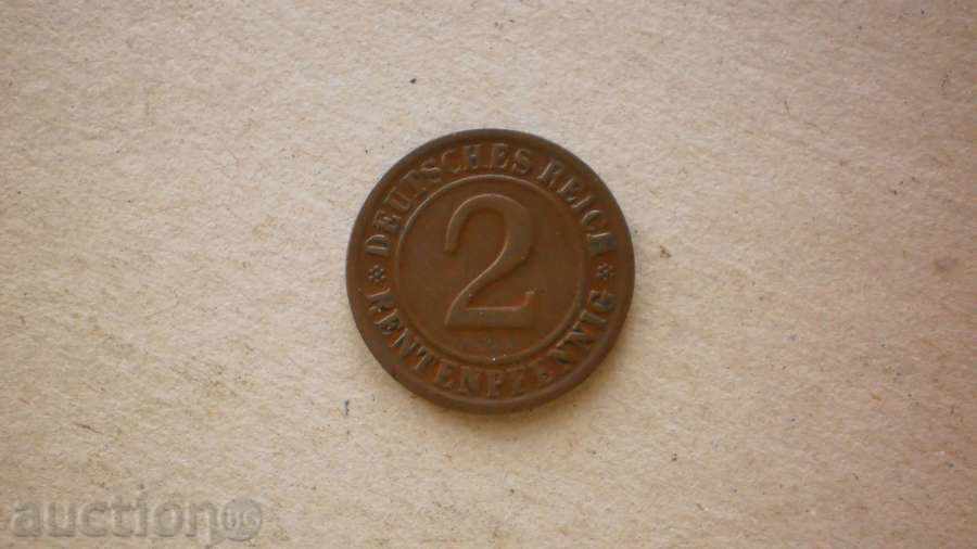 Copper Coin 2 RentenPFENGEN 1924D GERMANY