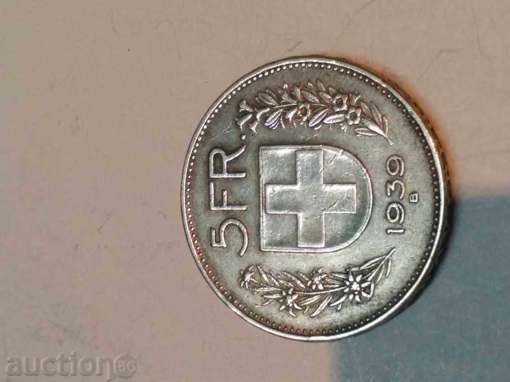 Auction SILVER COIN 5 SFR SWITZERLAND 1939 Auction SILVER COIN 5 SFR SWITZERLAND 1939