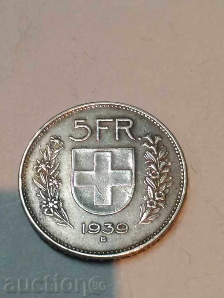 Delivery of SILVER COIN 5 SFR SWITZERLAND 1939 Delivery of SILVER COIN 5 SFR SWITZERLAND 1939