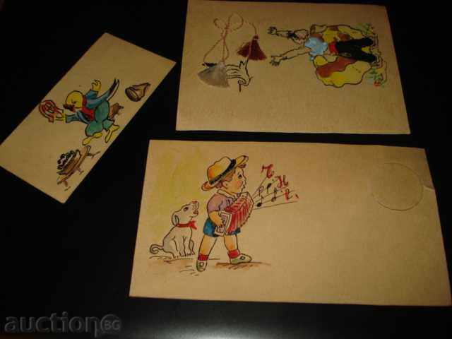 Unique old 3 cards hand-painted by a prisoner 1959