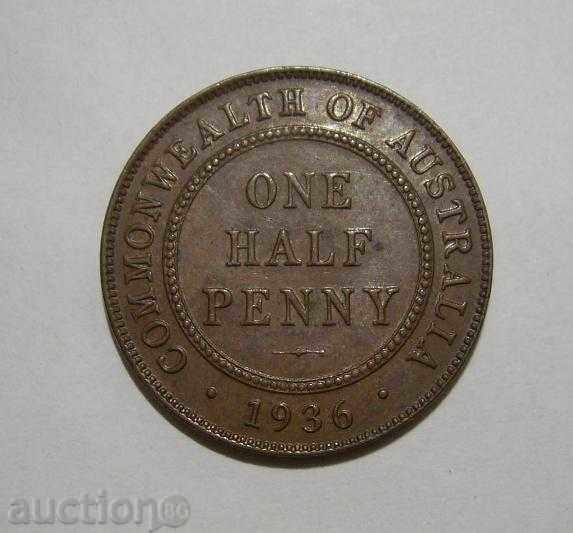 Австралия ½ пени 1936 супер качество бронзова монета
