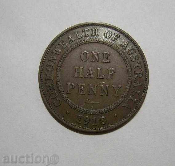 Австралия ½ пени 1918 рядка монета