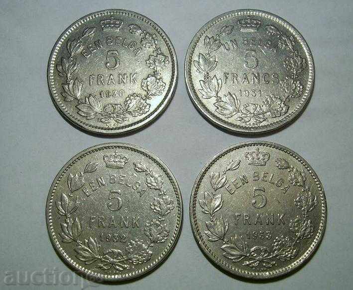 Belgia Lot 4 x 5 franci 1930 1931 1932 1933 monede de nichel