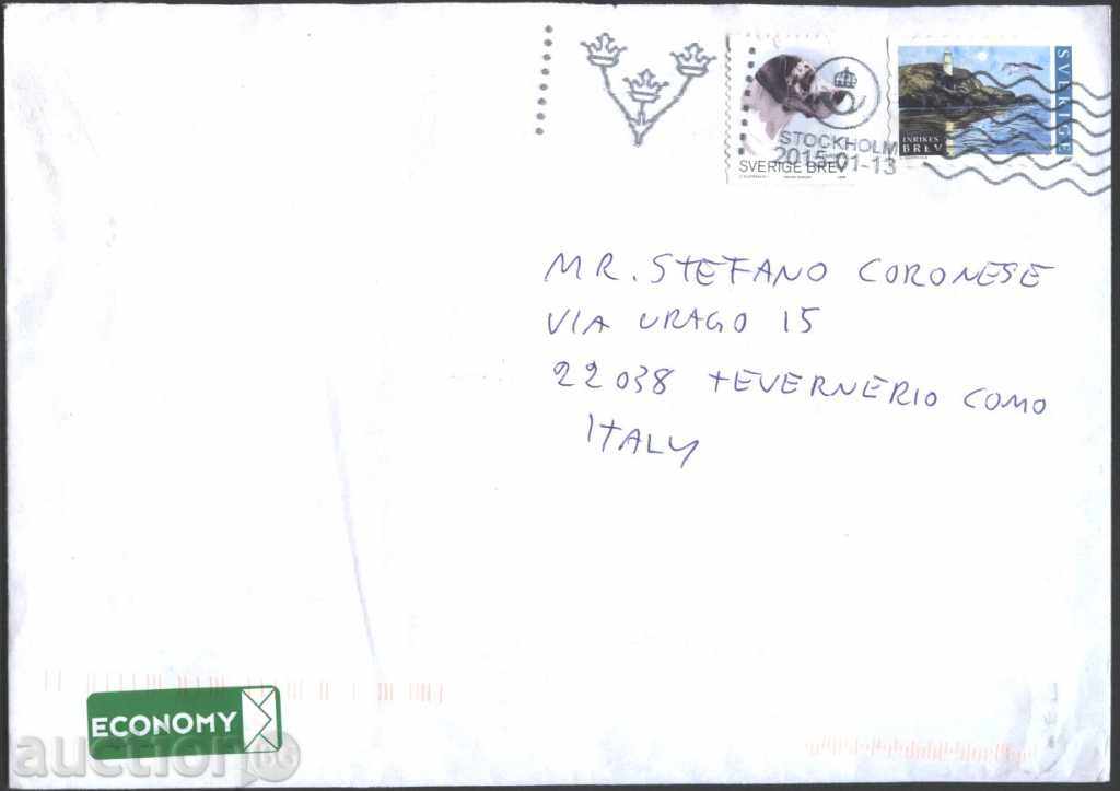 Пътувал плик с марки Куче 2008, Морски фар 2002  от Швеция