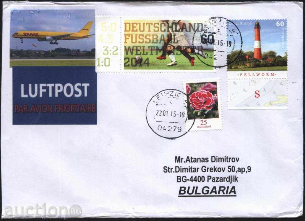 Пътувал плик с марки Футбол, Морски фар  2014 от Германия