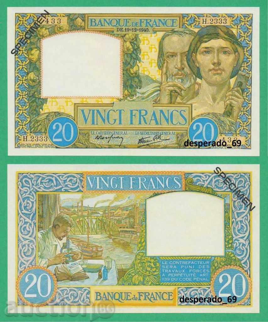 (¯` '• .¸ (reproducere) FRANȚA 20 Franci 1940 UNC¸. •' ´¯)