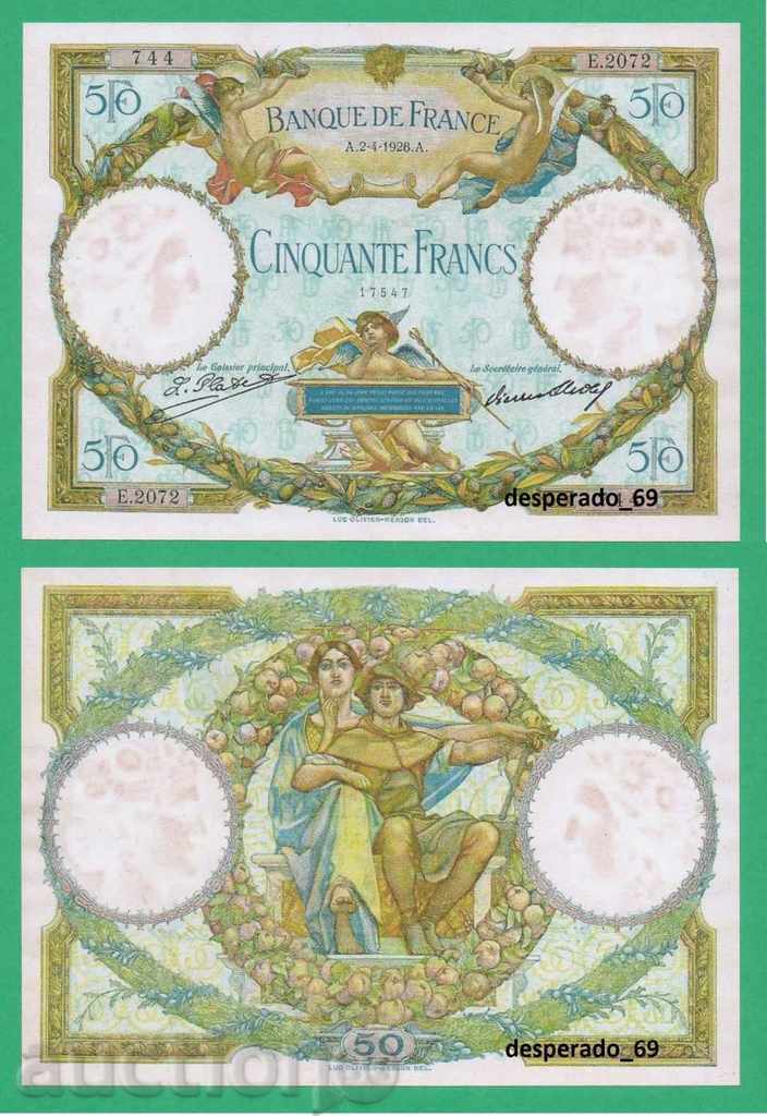 (¯` '• .¸ (reproducere) FRANȚA 50 Franci 1928 UNC¸. •' ´¯)