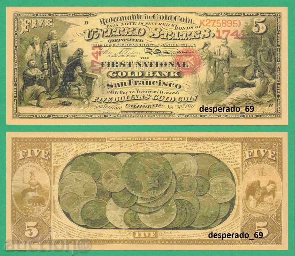 (¯`'•.¸(репродукция)  САЩ  5 "златни" долара 1870  UNC.•'´¯)