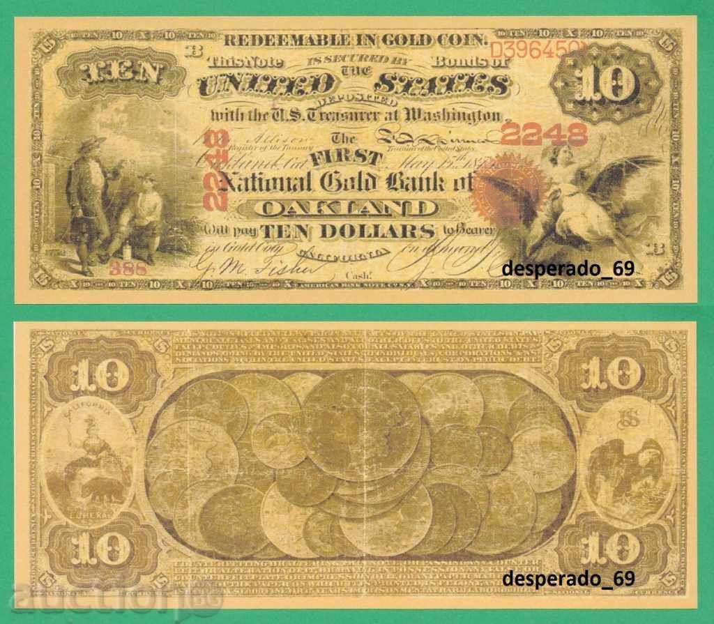 (¯`'•.¸(репродукция)  САЩ  10 "златни" долара 1874  UNC•'´¯)