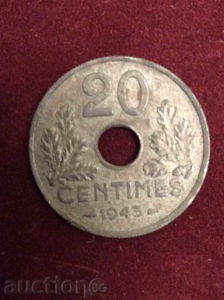 German Ocupație France 20 centime 1943