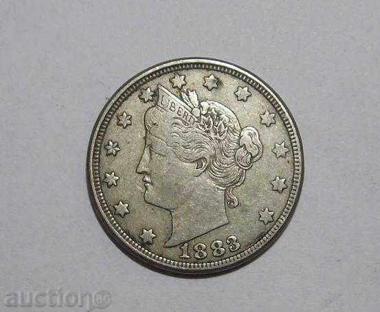 US 5 cents 1883 VF with "CENTS" Rare coin with price 75.00 BGN | € 38.35