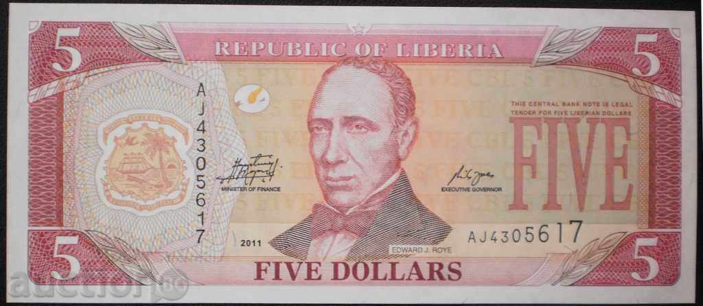 Banknota Liberia 5 dolari 2011 UNC rare bancnote