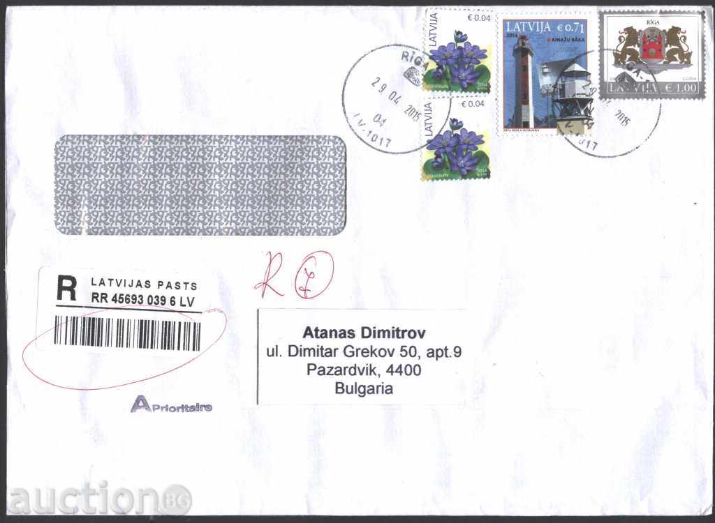 Пътувал плик с марки Морски фар, Герб 2014 от Латвия