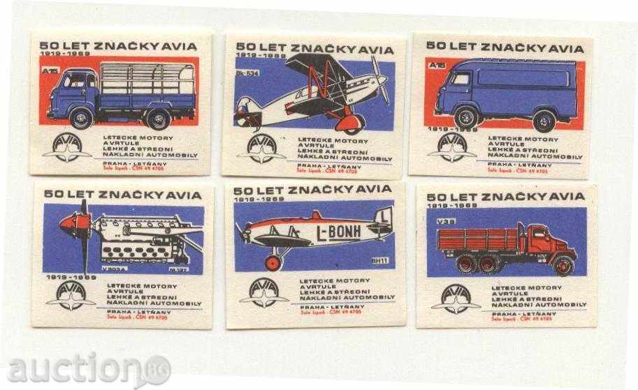 6 ετικέτες σπιρτόκουτο Αυτοκίνητα Αεροπλάνα Τσεχοσλοβακία Lot 15