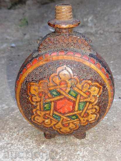 Стара пирографирана бъклица, бъкел, дървения, павур