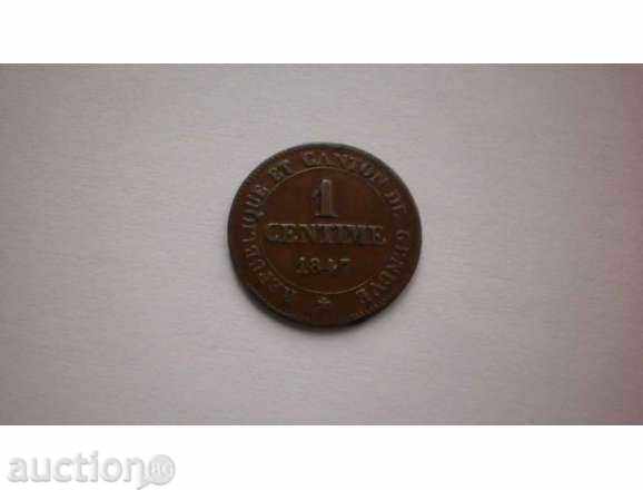Кантон Женева Швейцария 1 Центиме 1847 Доста Рядка Монета