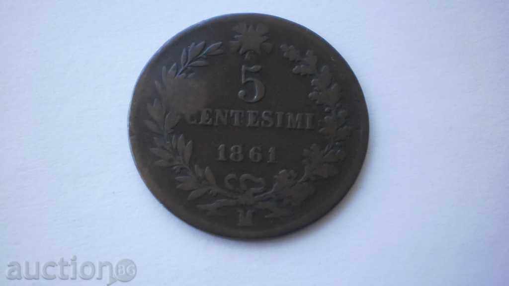 Италия 5 Чентесими 1861 Рядка Монета