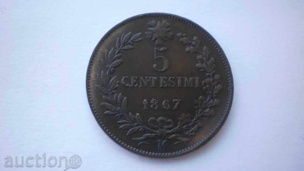 Италия 5 Чентесими 1867 Рядка Монета