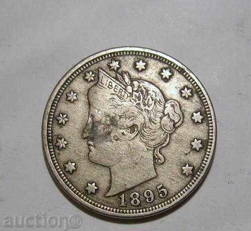 САЩ 5 цента 1895 VF монета Liberty nickel