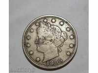 САЩ 5 цента 1895 VF монета Liberty nickel