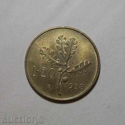 Italy 20 pounds 1958 magnificent UNC coin with price 10.00 BGN | € 5.11