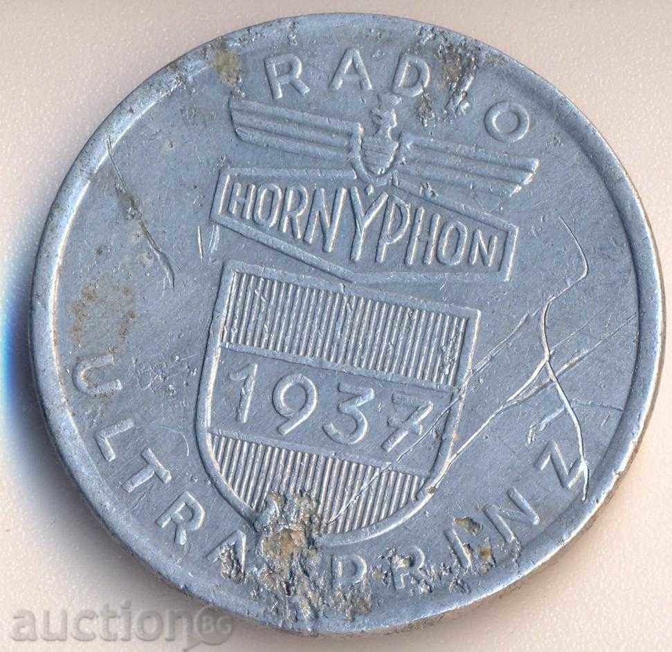 radiozheton imens din 1937, din aluminiu de 38 mm.