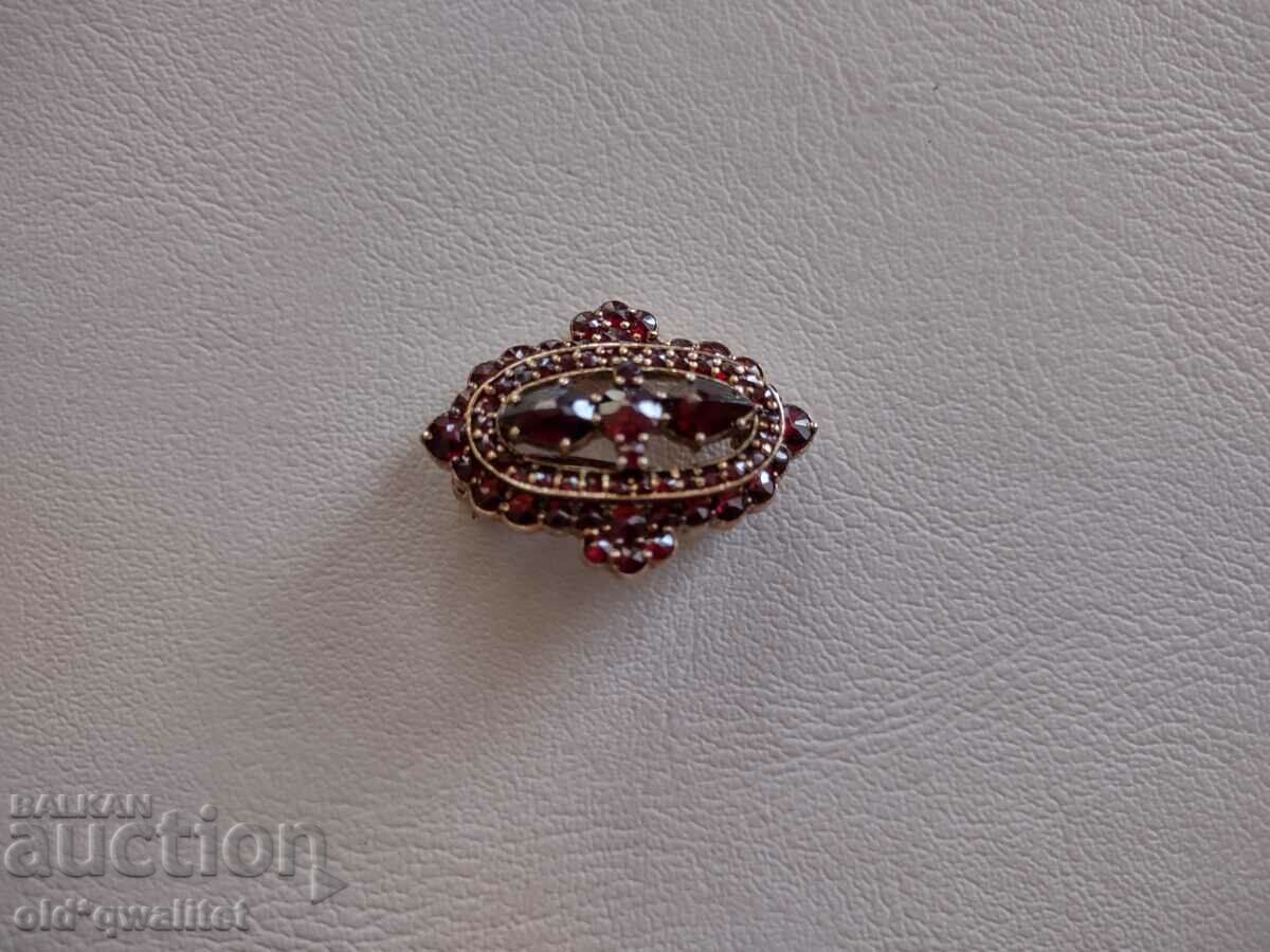 ELEGANT brooch, natural stone - Garnet, Silver 925, gold-plated