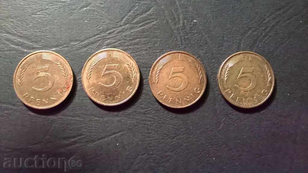 5 пфенингa лот 4бр 1987г  DFDJ  BDR - ГФР - Германия