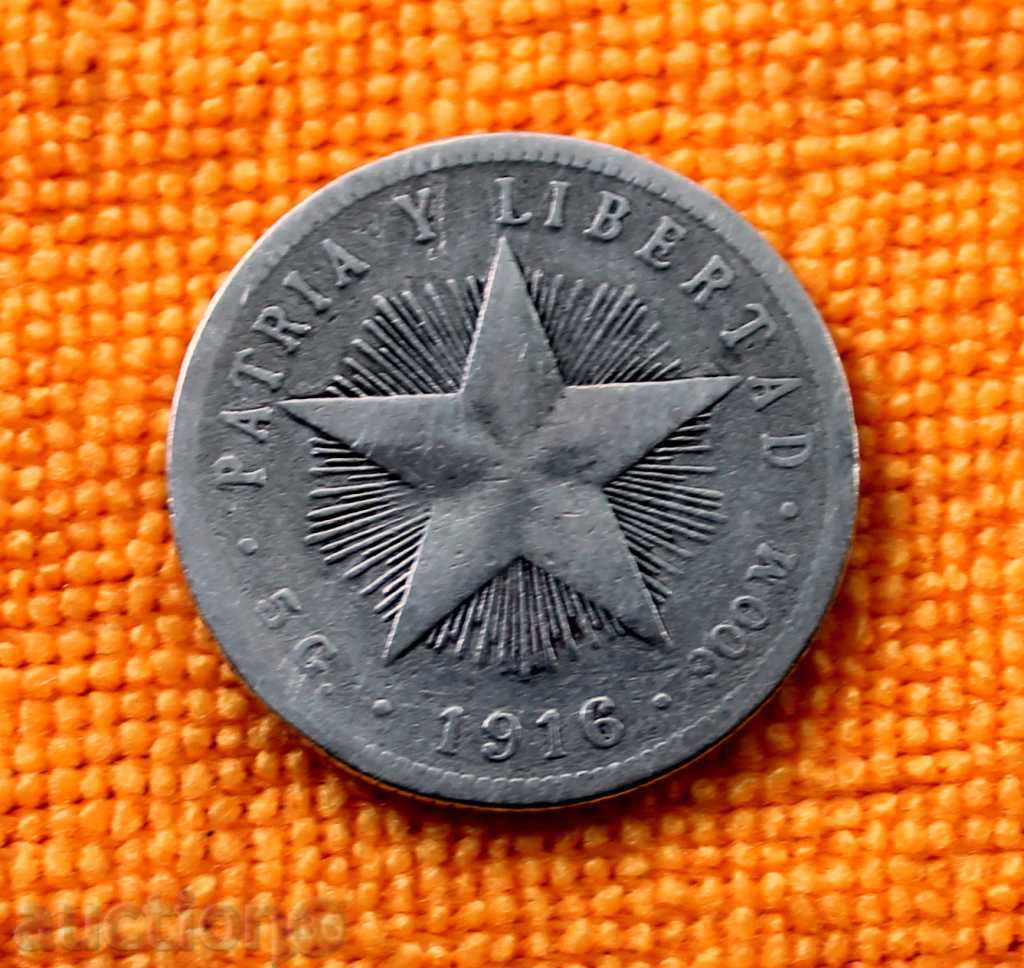 1916 G.- 20 centavos, Cuba, subțire, argintiu