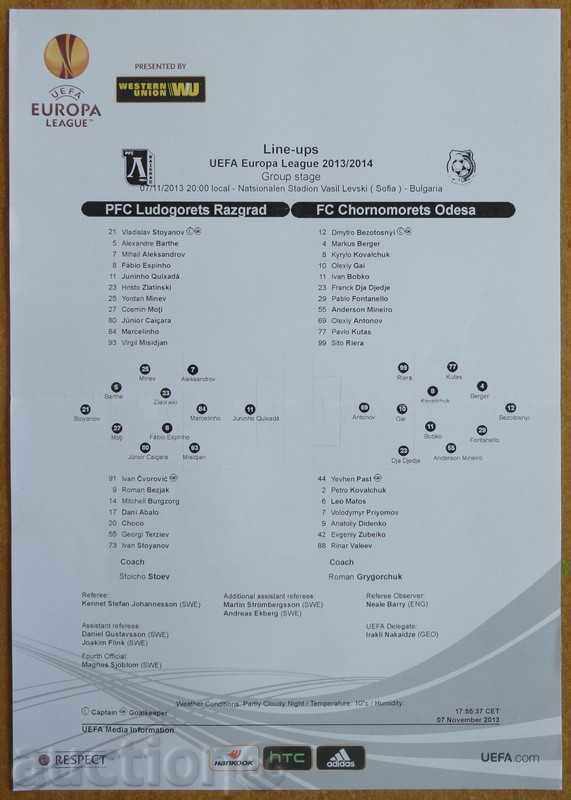 Football team sheet Ludogorets-Chernomorets, Europa League - 2013