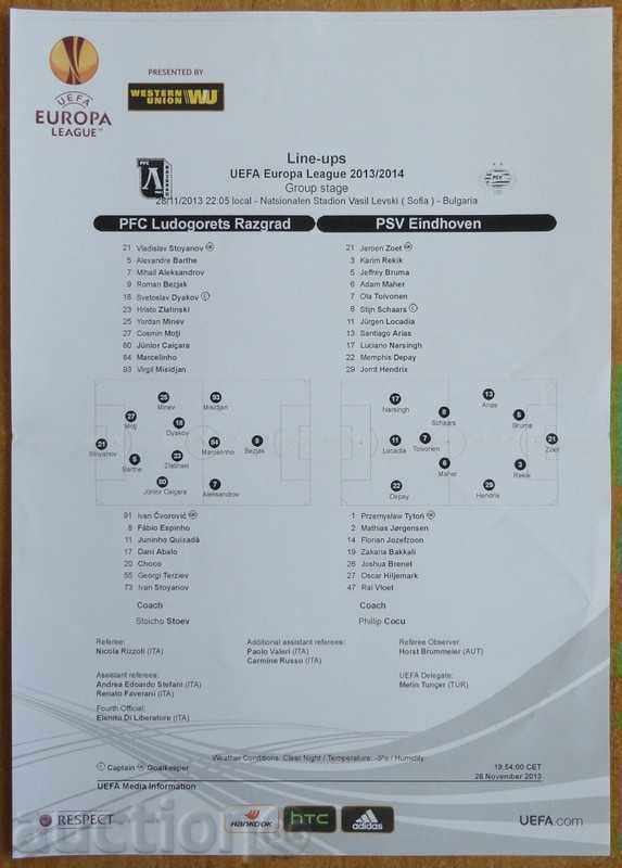 Football team sheet Ludogorets-PSV, Europa League - 2013